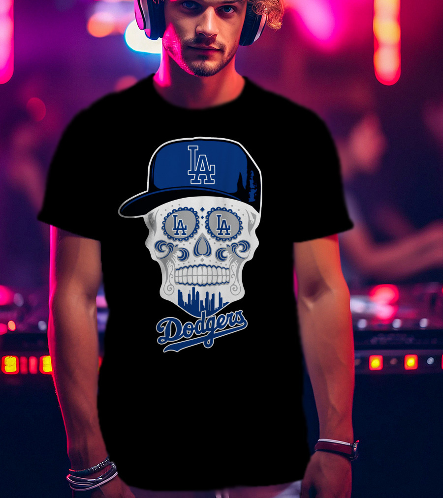 Los Angeles Dodgers Skull La Hat Blue City Skyline T-Shirt