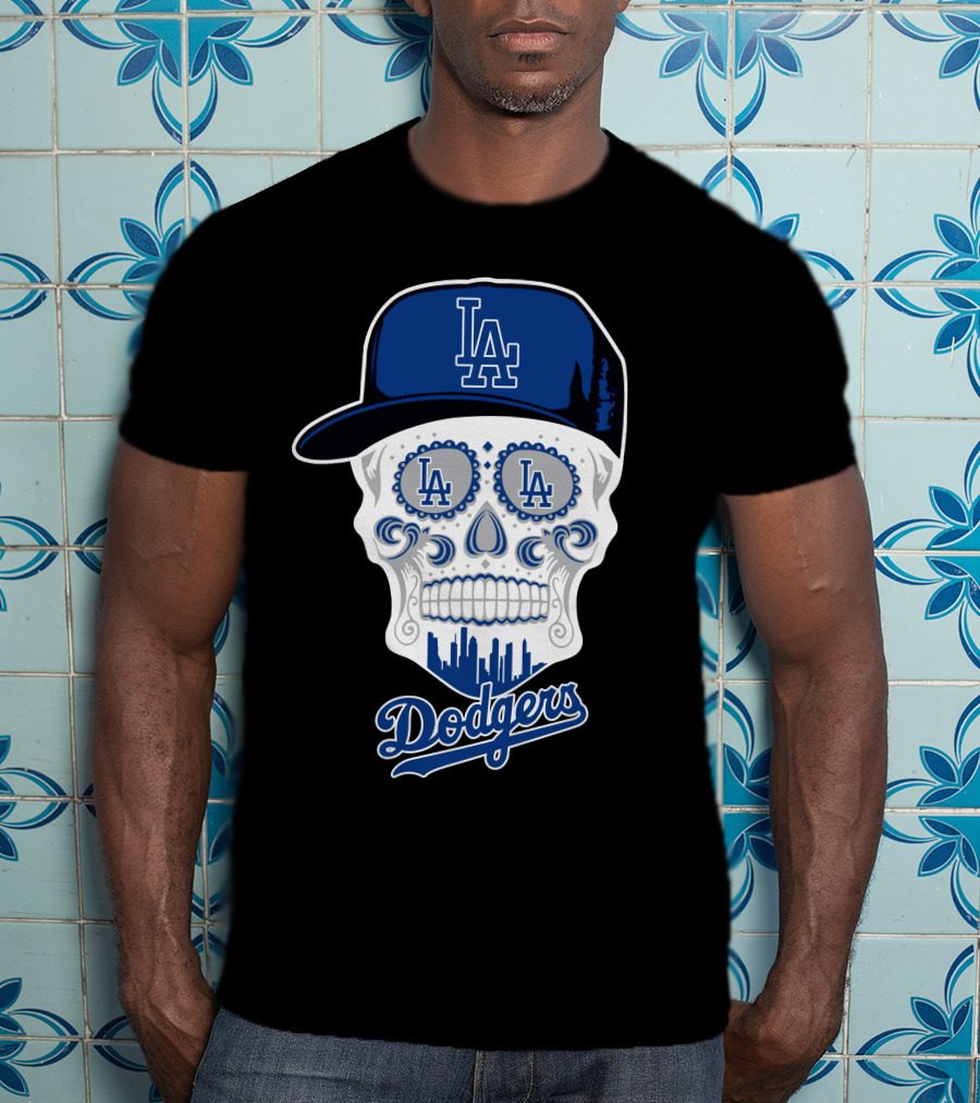 Los Angeles Dodgers Skull La Hat Blue City Skyline T-Shirt