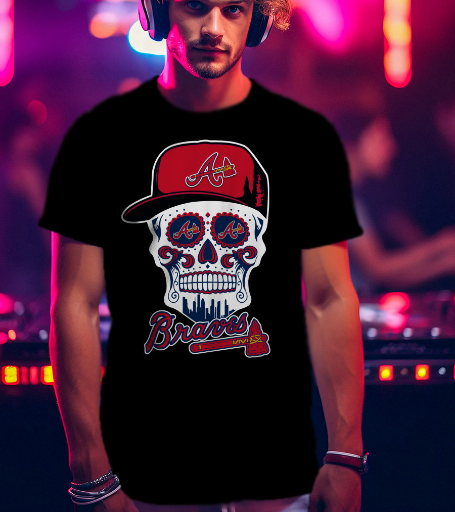 Braves Skull With Red Cap And Tomahawk Elements T-Shirt