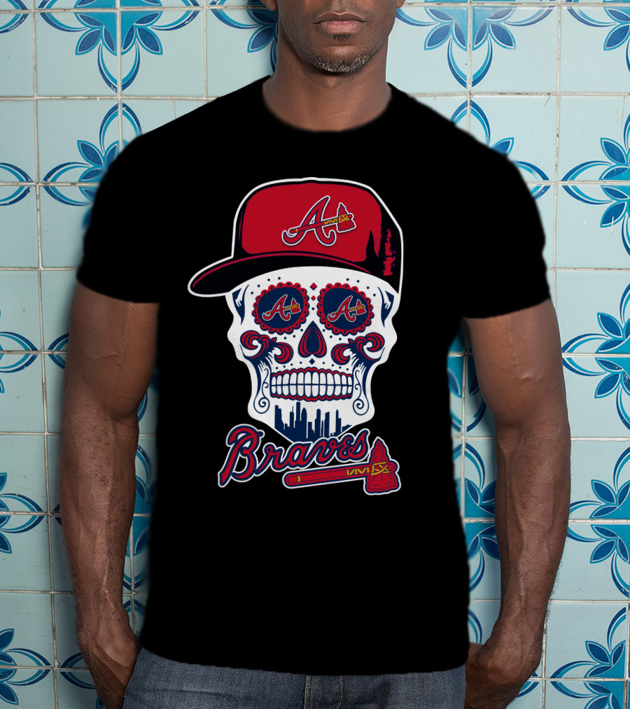 Braves Skull With Red Cap And Tomahawk Elements T-Shirt
