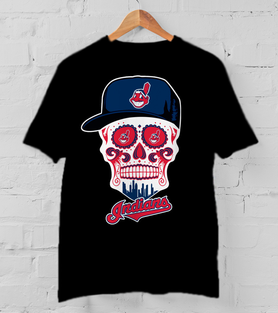 Cleveland Indians Sugar Skull With Baseball Cap And Skyline T-Shirt