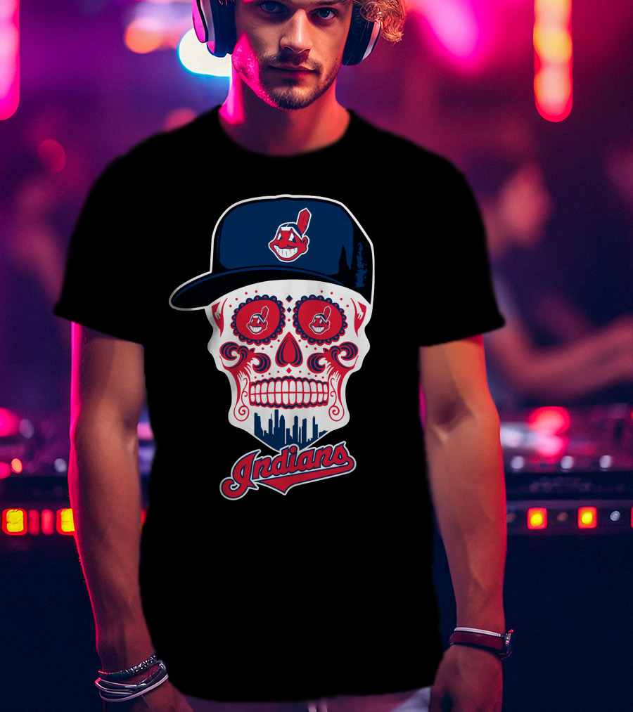 Cleveland Indians Sugar Skull With Baseball Cap And Skyline T-Shirt