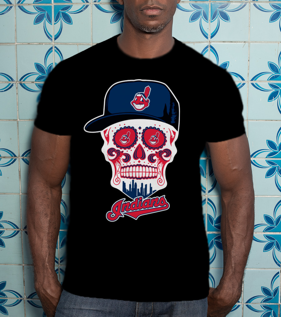 Cleveland Indians Sugar Skull With Baseball Cap And Skyline T-Shirt