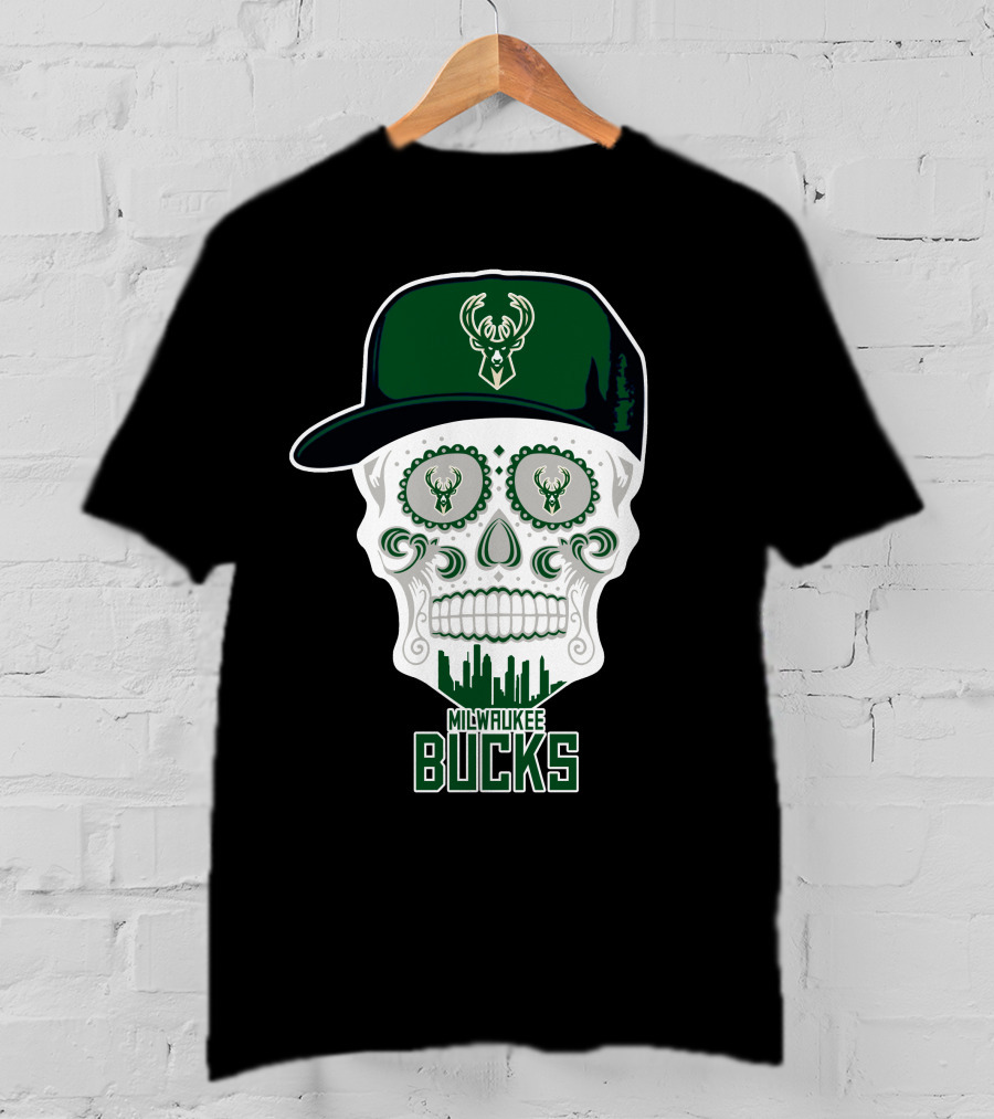 Milwaukee Bucks Skull With Cap And Skyline T-Shirt