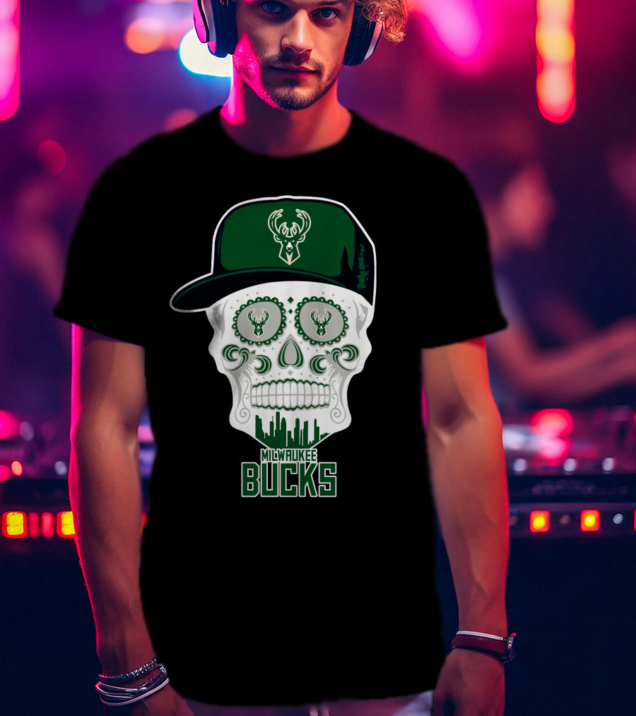 Milwaukee Bucks Skull With Cap And Skyline T-Shirt
