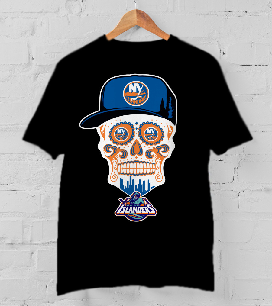 Ny Islanders Skull Logo With Cap And Cityscape T-Shirt