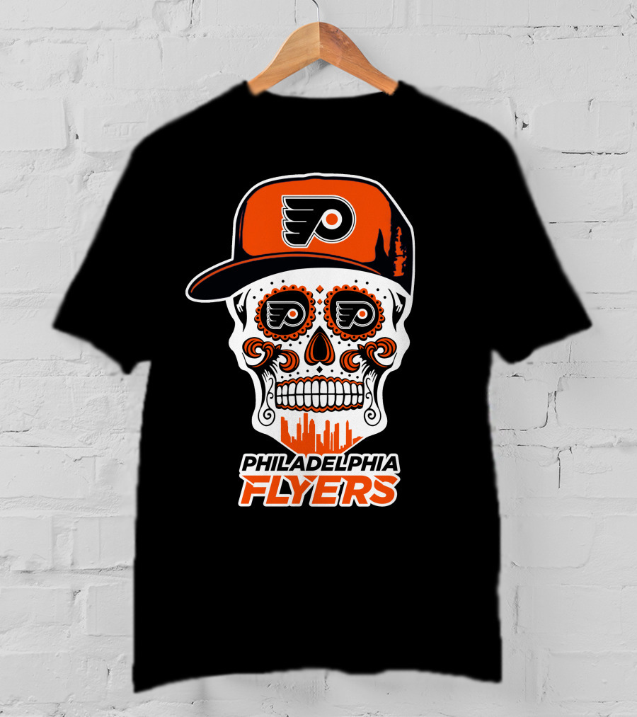 Philadelphia Flyers Skull Art With Cap And Skyline T-Shirt