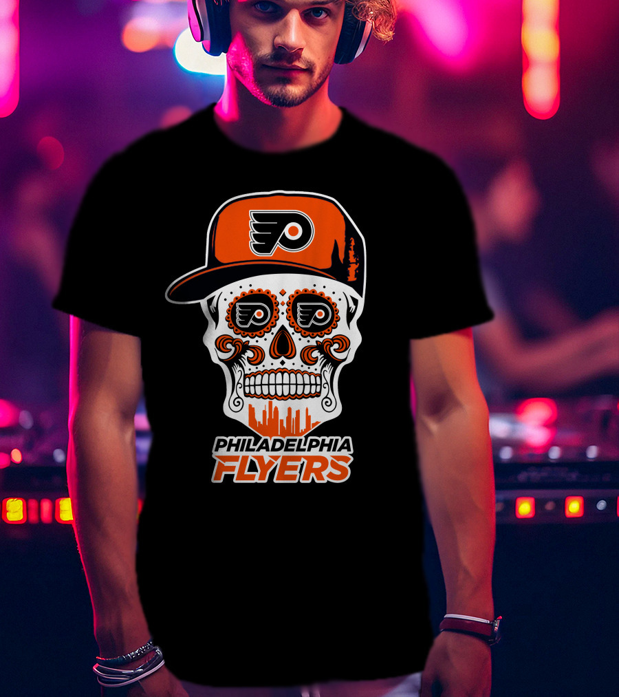 Philadelphia Flyers Skull Art With Cap And Skyline T-Shirt