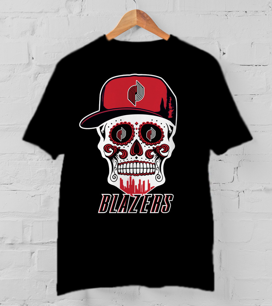 Blazers Skull With Hat And Cityscape Elements T-Shirt