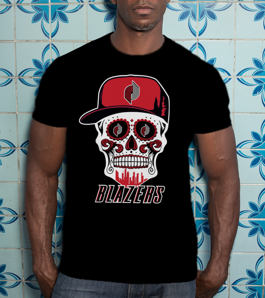 Blazers Skull With Hat And Cityscape Elements T-Shirt