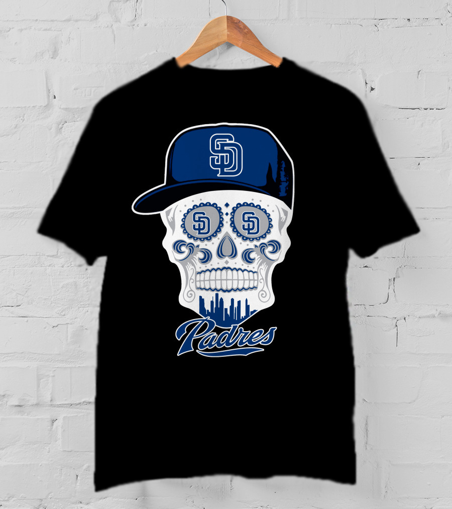 San Diego Padres Skull Design With Sd Cap And Cityscape Elements T-Shirt