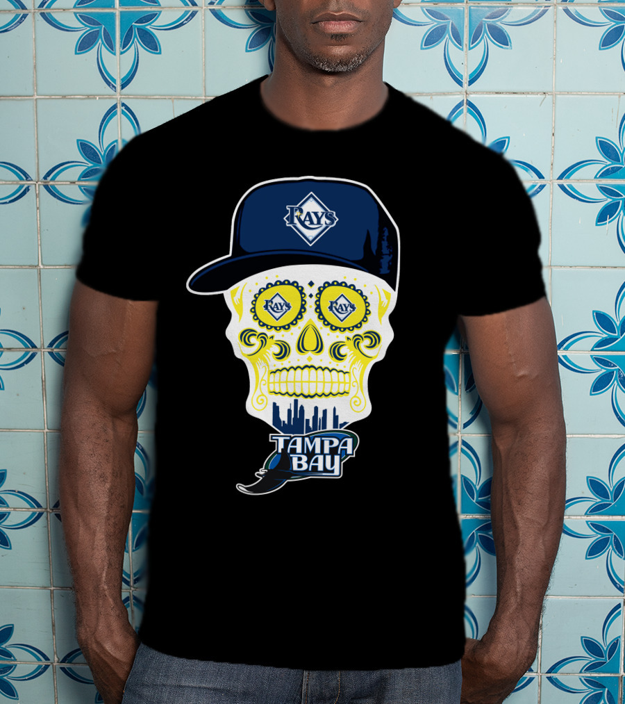 Tampa Bay Rays Skull With Hat And City Skyline T-Shirt
