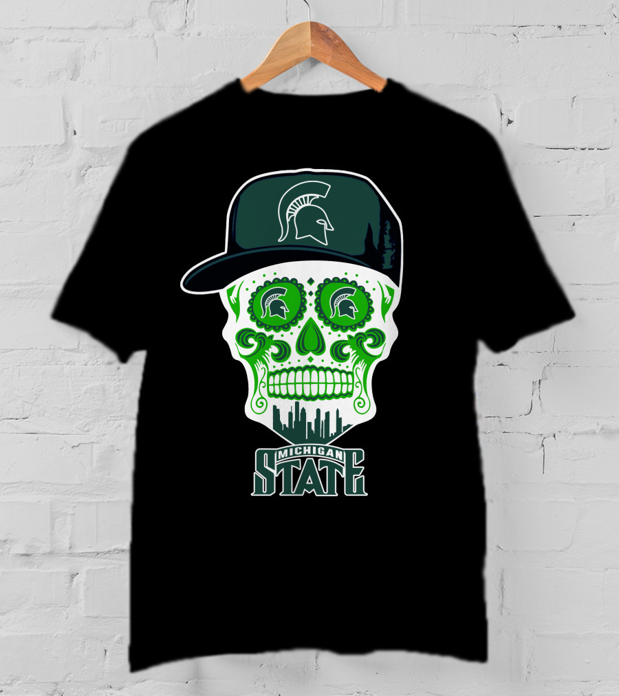 Michigan State Spartans Skull With Hat And Cityscape T-Shirt