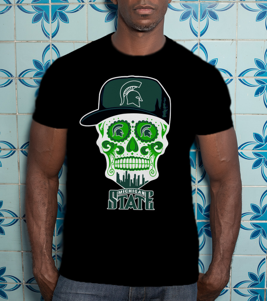 Michigan State Spartans Skull With Hat And Cityscape T-Shirt