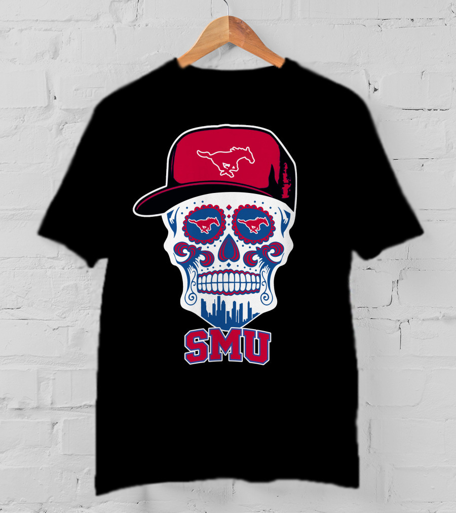 Smu Mustangs Skull With Hat And Skyline T-Shirt
