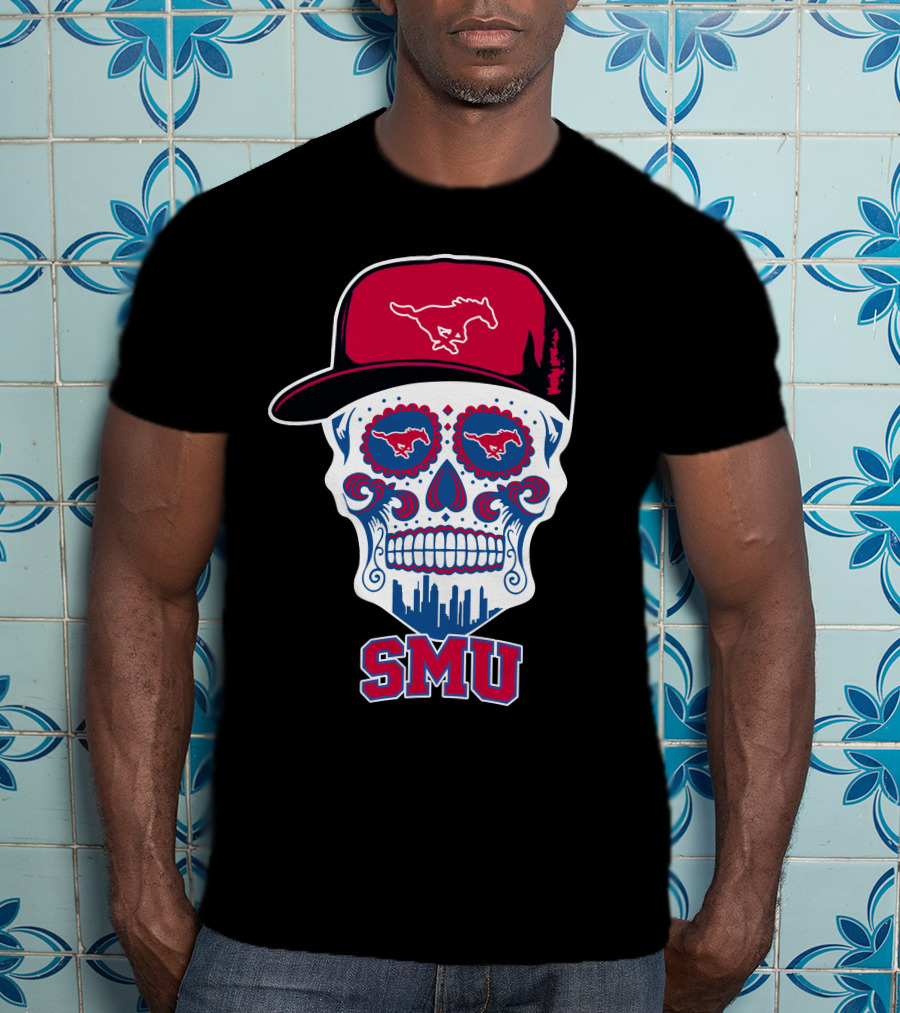 Smu Mustangs Skull With Hat And Skyline T-Shirt