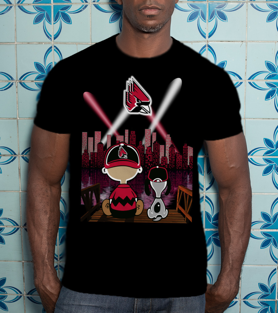 Ball State Cardinals City By Night Skyline Kids And Dog With Spotlight T-Shirt