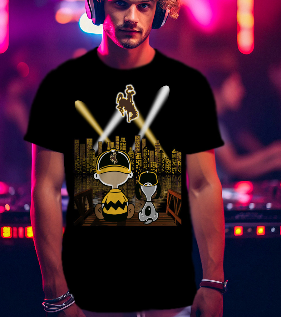 Wyoming Cowboys City At Night With Characters And Skyline T-Shirt