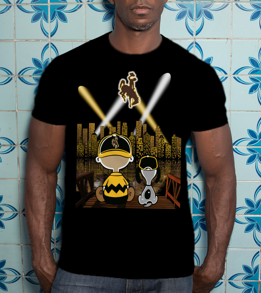 Wyoming Cowboys City At Night With Characters And Skyline T-Shirt