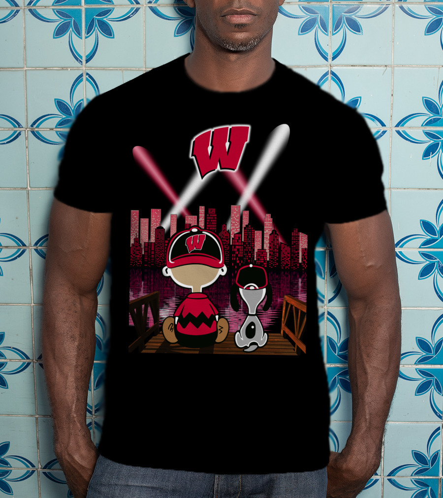 Wisconsin Badgers Night City Skyline With Cartoon Characters T-Shirt