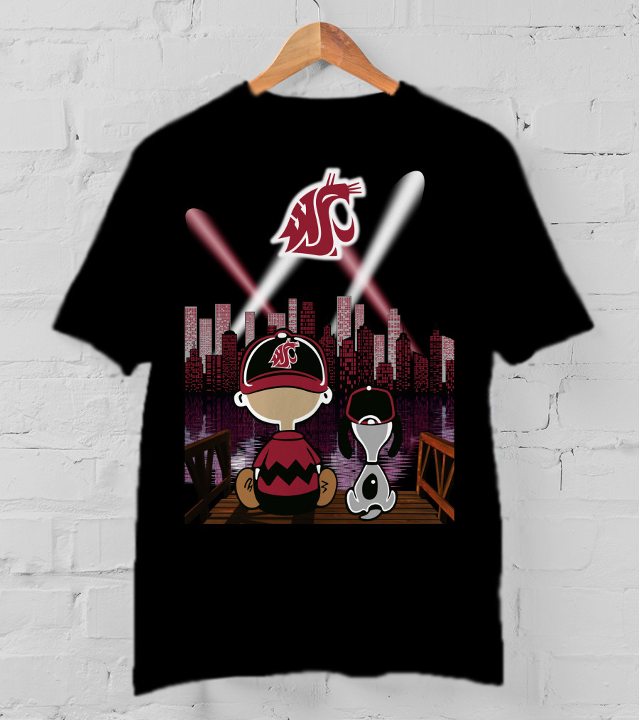Washington State Cougars City Skyline At Night With Characters T-Shirt