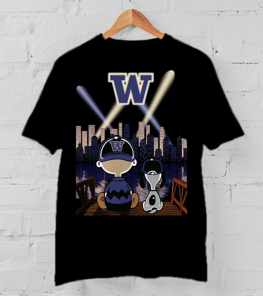 W Washington Huskies City Skyline At Night With Baseball Cap Characters T-Shirt