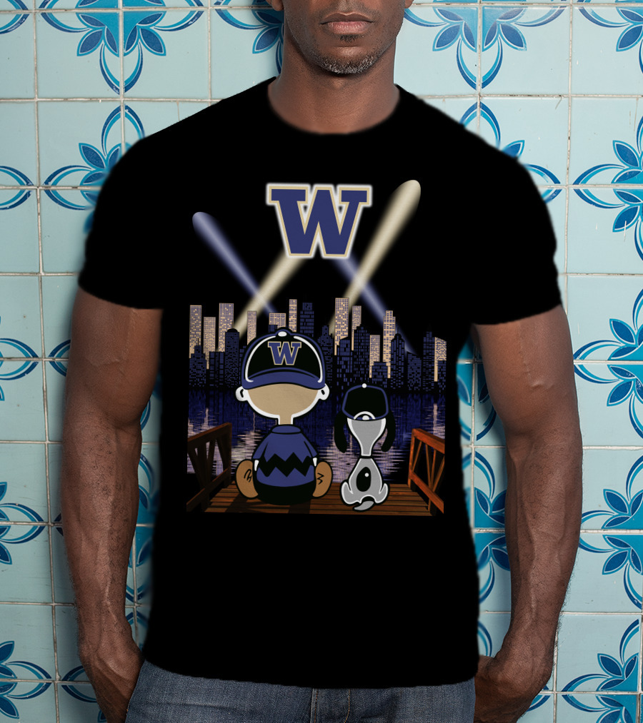 W Washington Huskies City Skyline At Night With Baseball Cap Characters T-Shirt