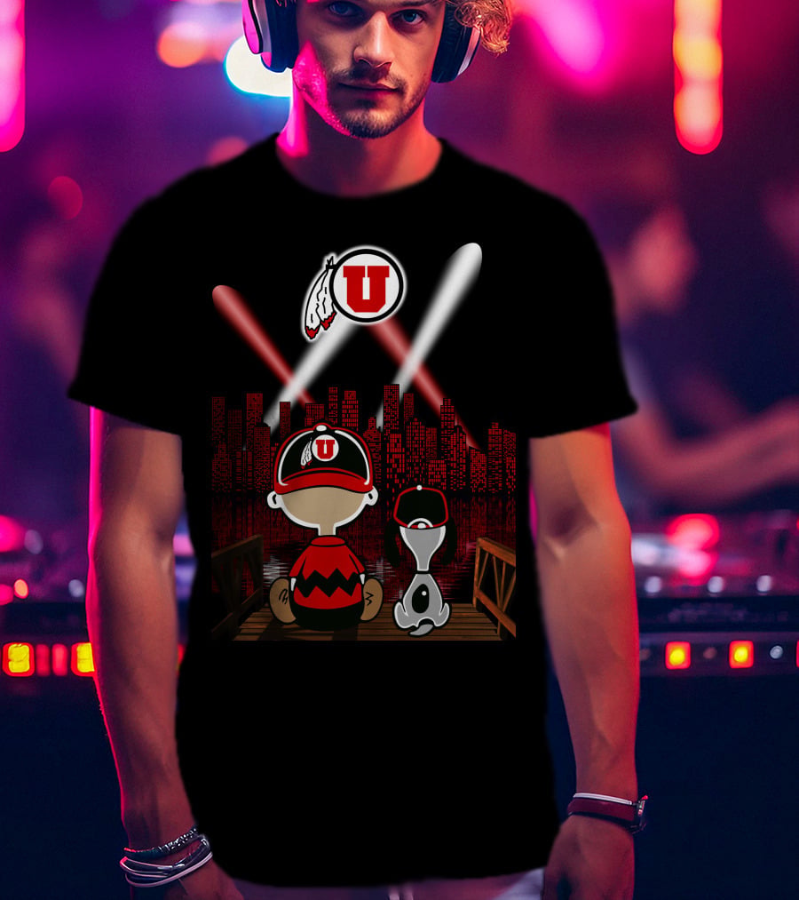 Utah Utes City Skyline Night Scene With Cartoon Characters T-Shirt