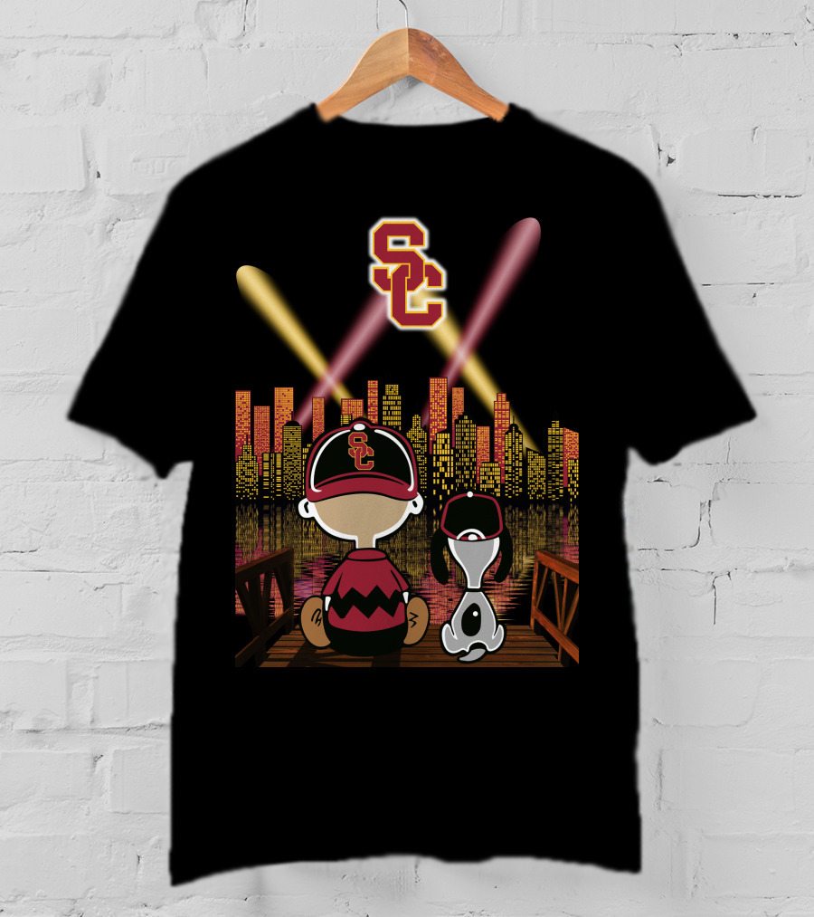 Usc Trojans Nighttime Cityscape With Cartoon Figures T-Shirt