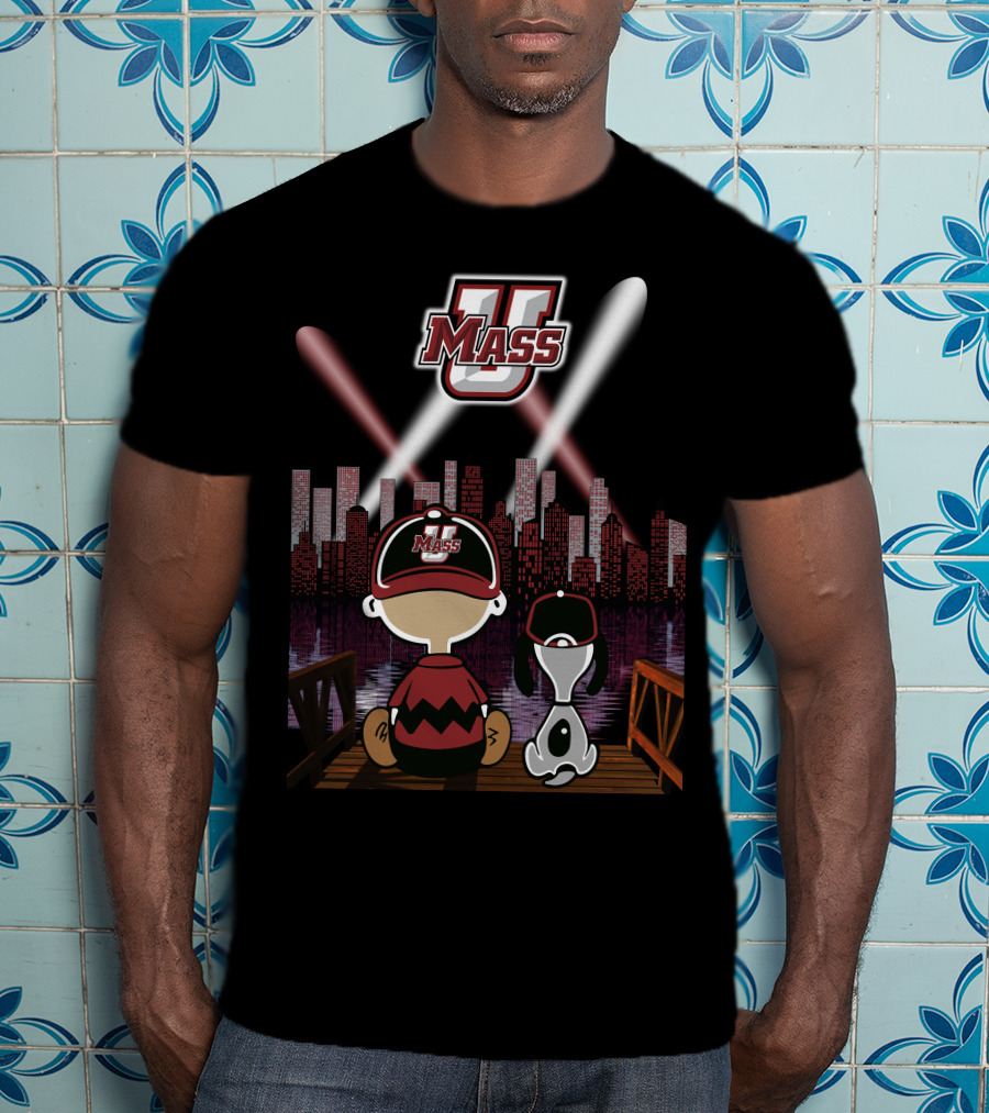 Umass Minutemen Downtown Skyline At Night With Cartoon Duo T-Shirt