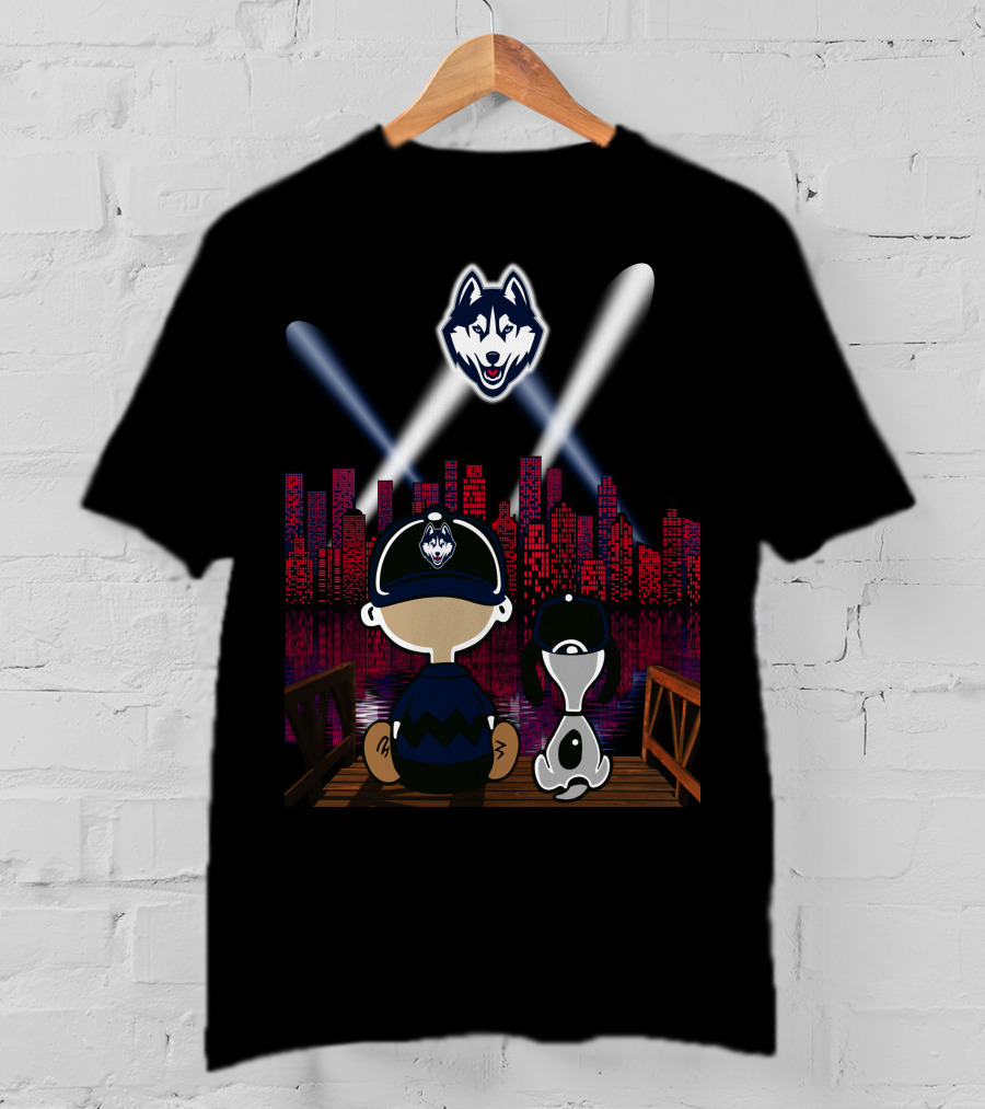 Uconn Huskies Skyline Night Lights With Cartoon Characters And Dog T-Shirt
