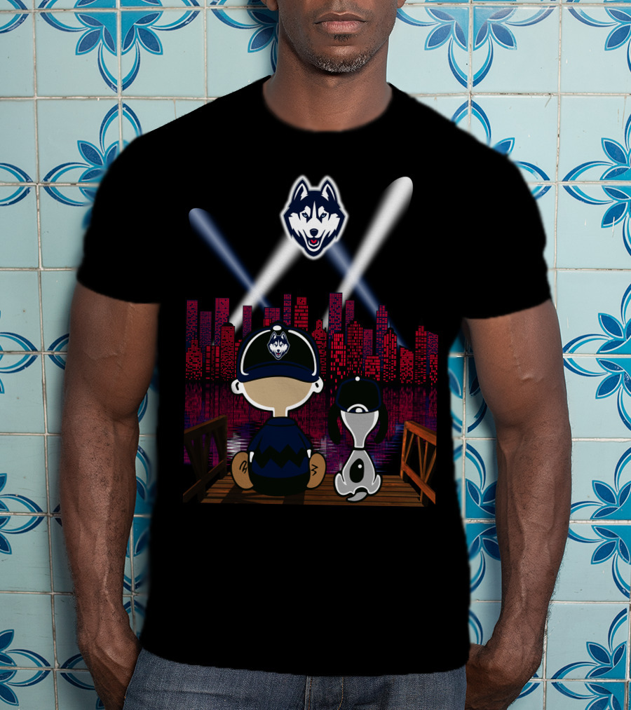 Uconn Huskies Skyline Night Lights With Cartoon Characters And Dog T-Shirt