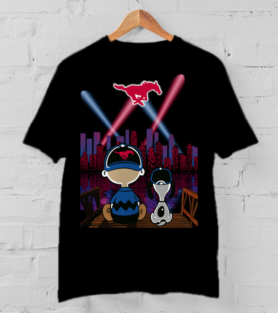 Smu Mustangs Snoopy And Friend City Skyline Night Scene T-Shirt