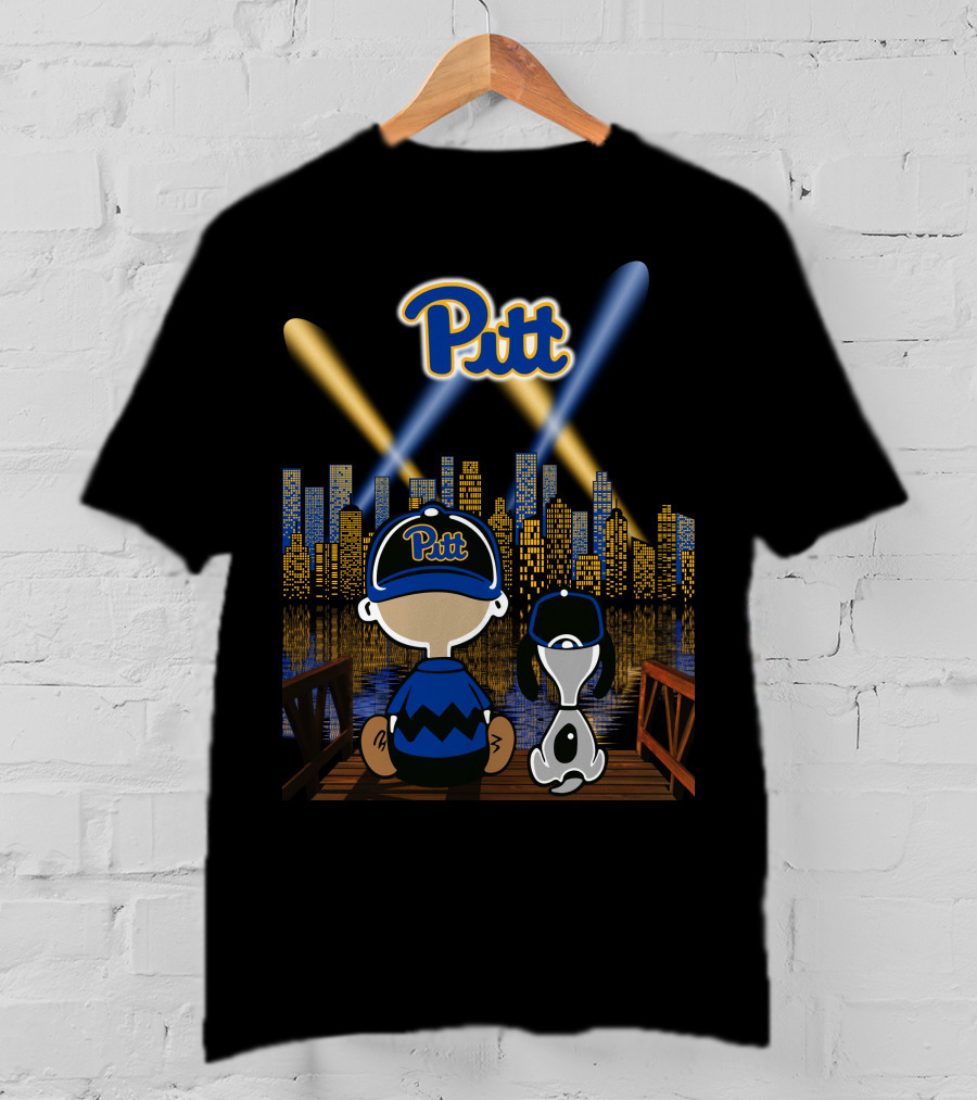 Pitt Panthers Nighttime Cityscape With Skyline And Characters T-Shirt