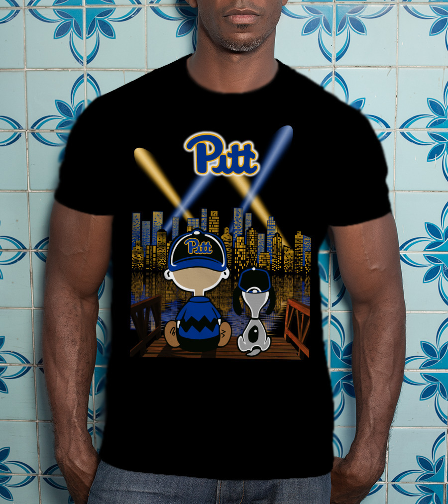 Pitt Panthers Nighttime Cityscape With Skyline And Characters T-Shirt