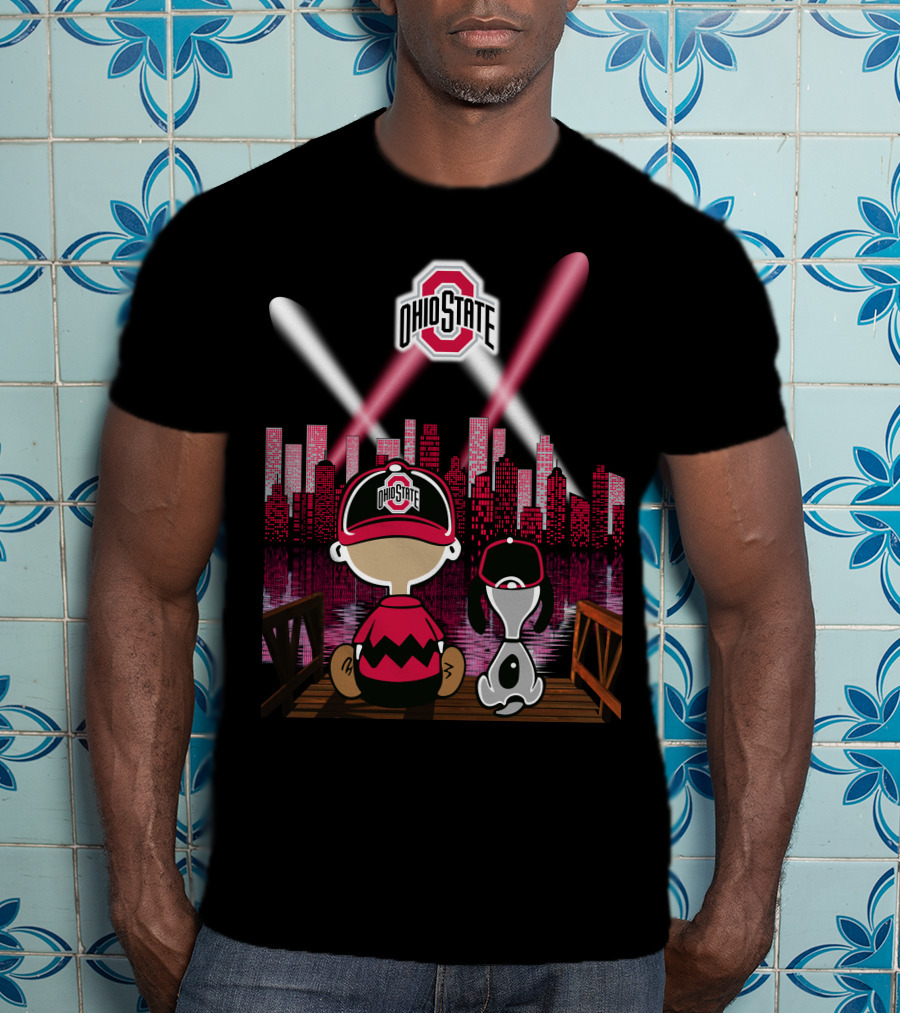 Ohio State Buckeyes Charlie Brown Snoopy City Skyline Night Scene T-Shirt