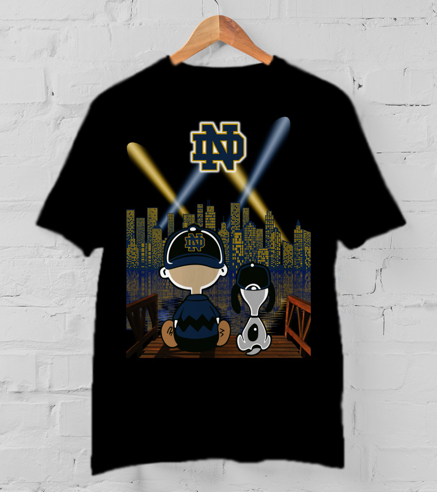 Notre Dame Fighting Irish City Skyline Night Scene With Kids And Dog T-Shirt