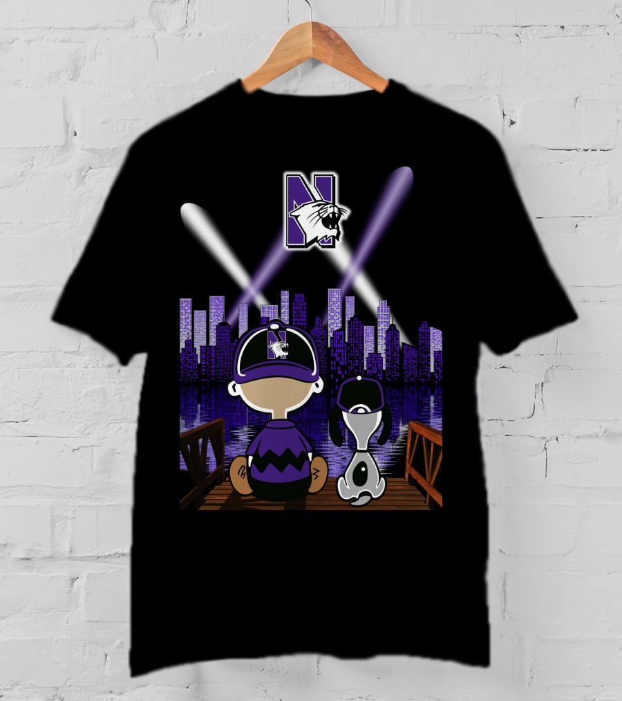 Snoopy And Friends Enjoying Northwestern Wildcats Night Skyline Scene T-Shirt