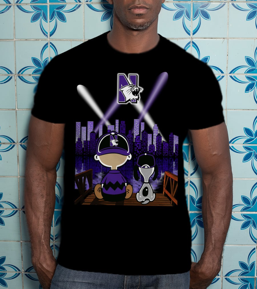 Snoopy And Friends Enjoying Northwestern Wildcats Night Skyline Scene T-Shirt
