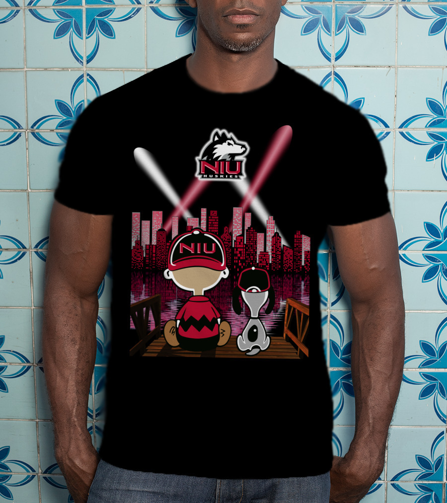 Niu Huskies City Skyline Night Scene With Characters And Northern Illinois T-Shirt