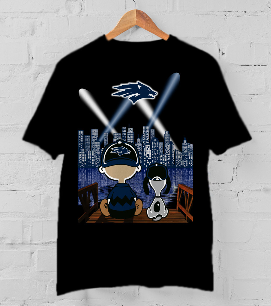 Nevada Wolf Pack Skyline At Night With Mascot And Cartoon Duo T-Shirt
