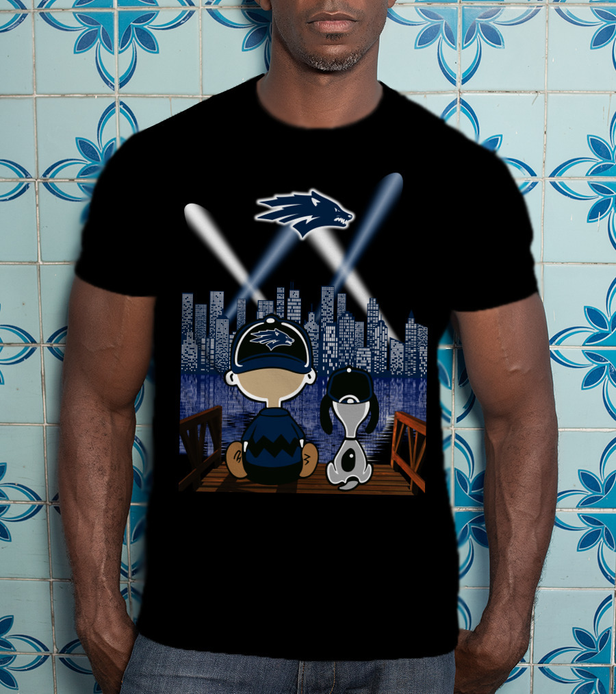 Nevada Wolf Pack Skyline At Night With Mascot And Cartoon Duo T-Shirt