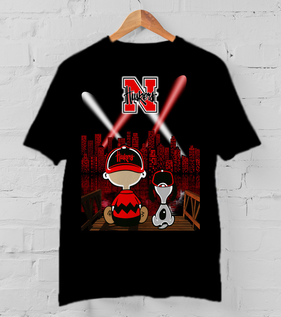 Huskers City By Night With N Logo And Iconic Cartoon Characters On A Bridge T-Shirt