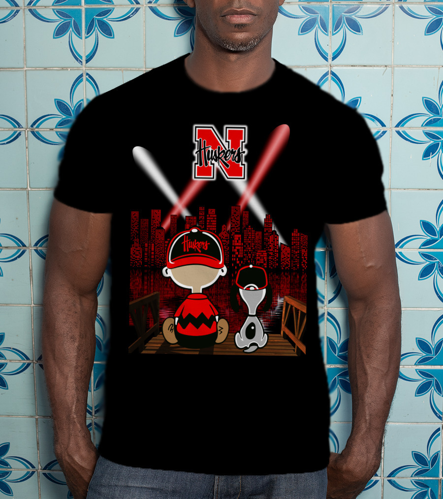 Huskers City By Night With N Logo And Iconic Cartoon Characters On A Bridge T-Shirt