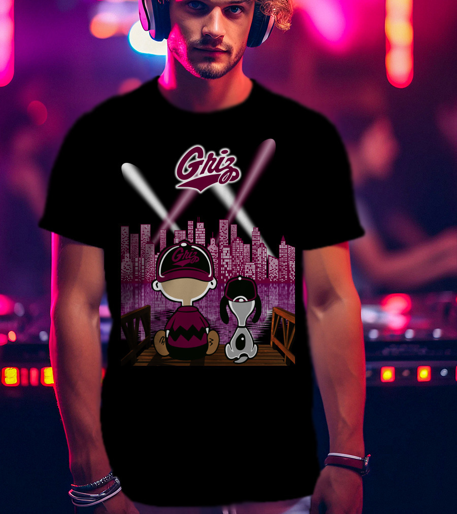 Griz 53 Montana Grizzlies City By Night Skyline With Dog And Child On Bridge T-Shirt