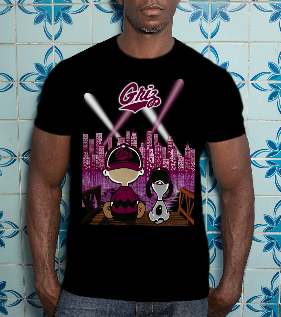 Griz 53 Montana Grizzlies City By Night Skyline With Dog And Child On Bridge T-Shirt