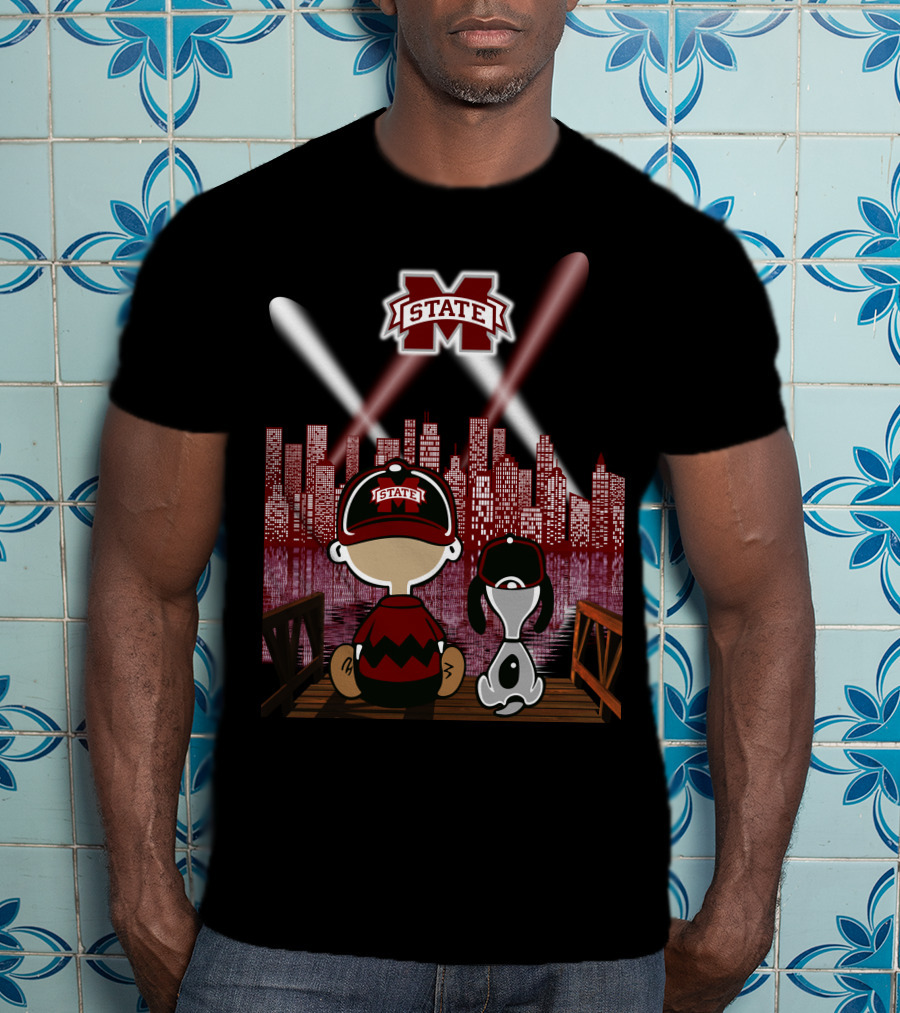Mississippi State Bulldogs City Night Skyline With Baseball Fans And Iconic Mascot T-Shirt
