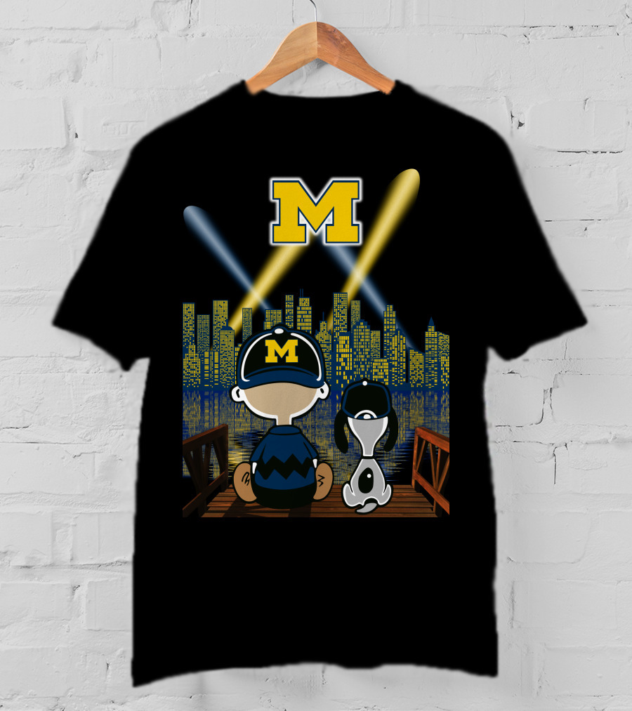 M Michigan Wolverines City By Night Skyline And Characters T-Shirt