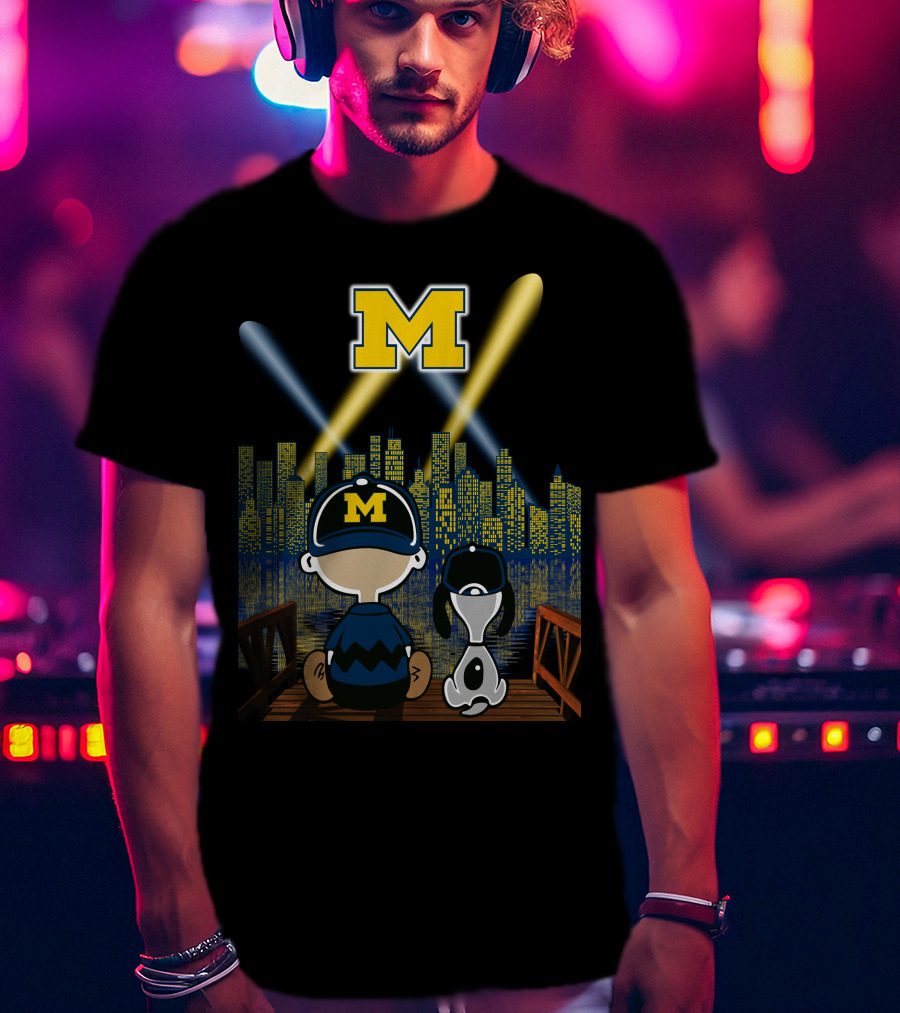 M Michigan Wolverines City By Night Skyline And Characters T-Shirt