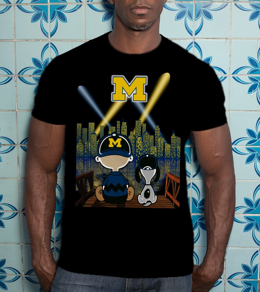 M Michigan Wolverines City By Night Skyline And Characters T-Shirt